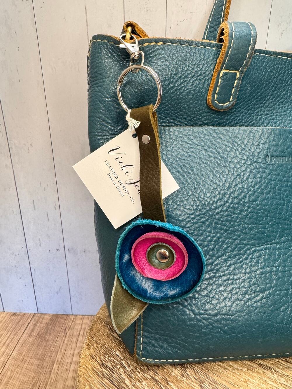Genuine Leather Round Flower Purse Charm Blue Fuchsia Pink Blue Boho Bag Charm